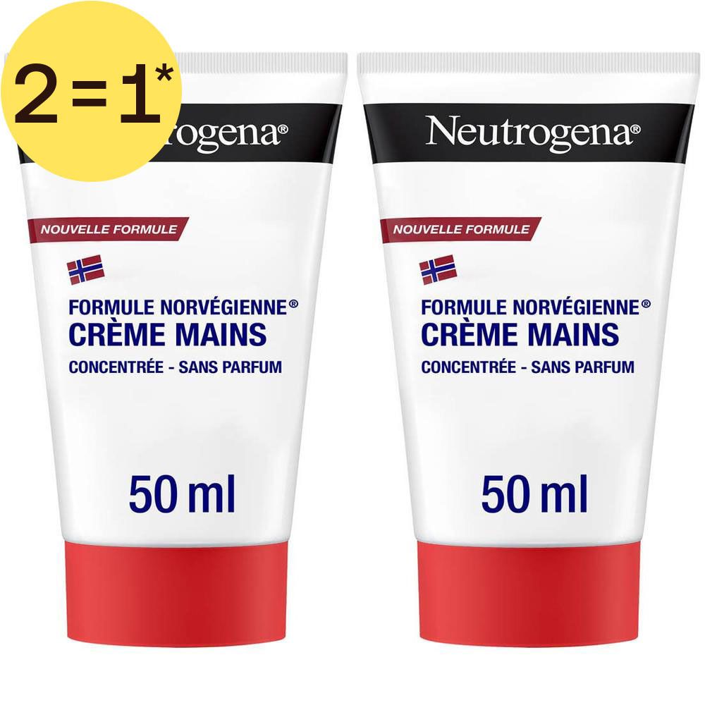 Deux tubes de crème mains Neutrogena, formule norvégienne, concentrée, sans parfum.