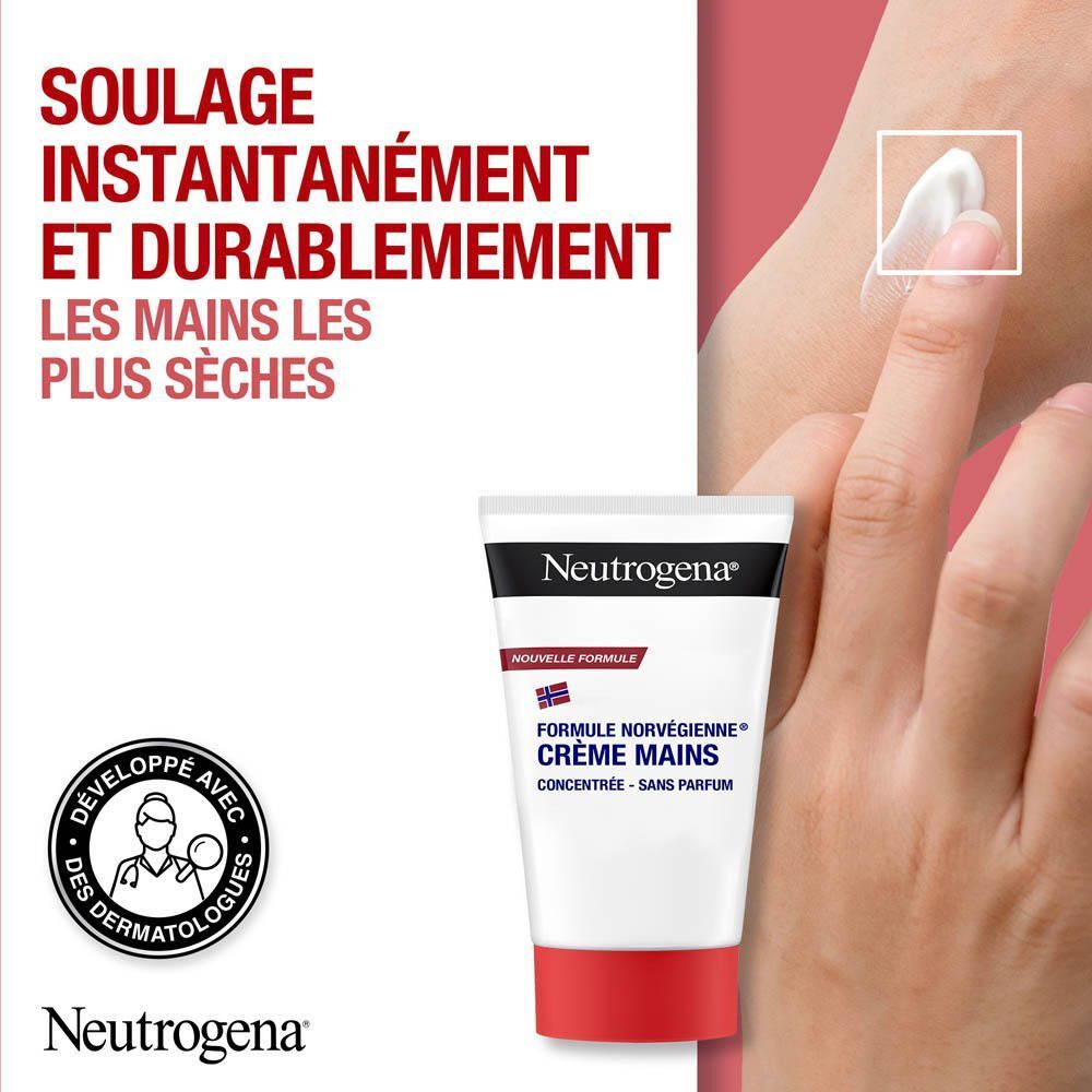 Deux tubes de crème mains Neutrogena, 50 ml, formule norvégienne, concentrée, sans parfum.