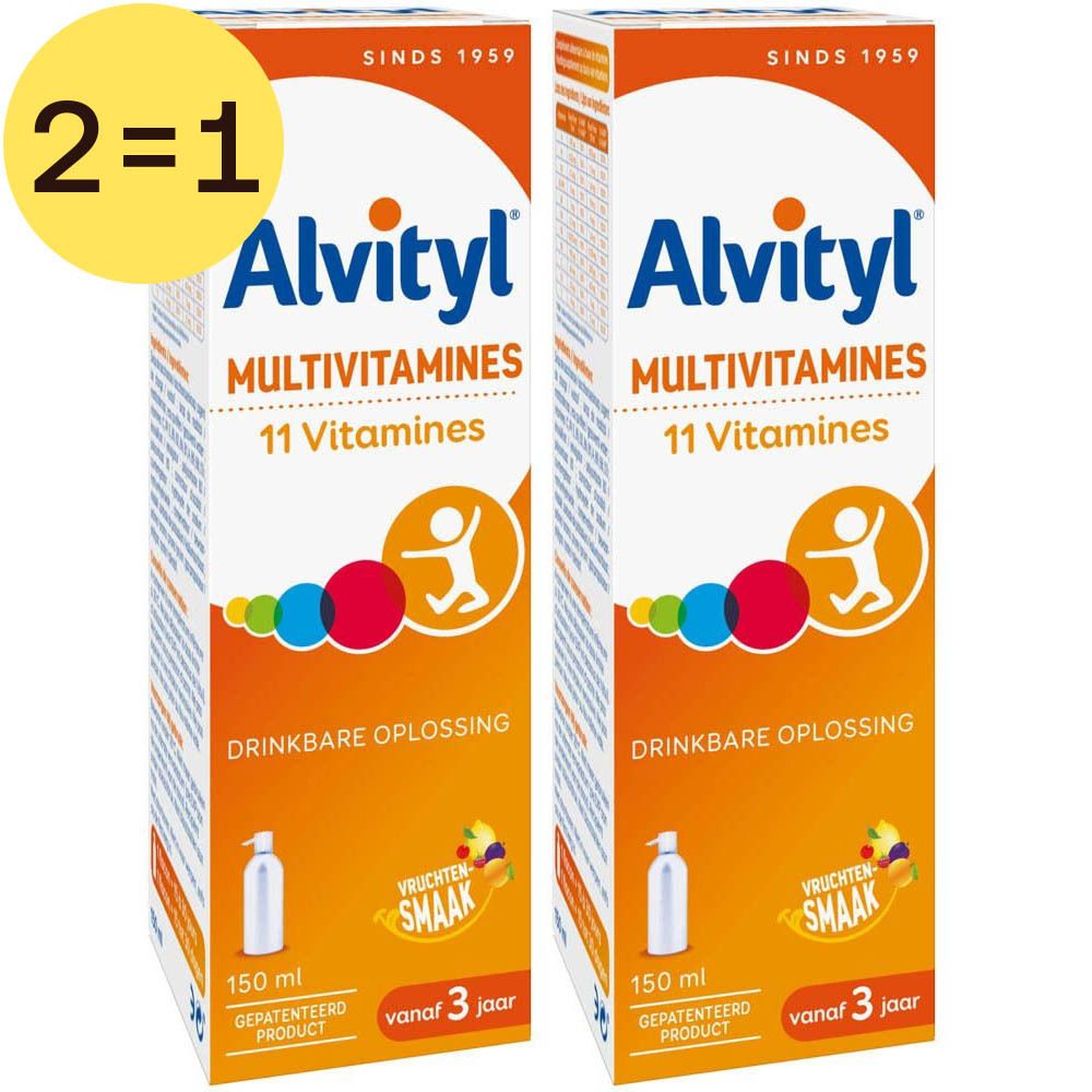 Zwei Packungen Alvityl Multivitamines. Aufschrift: 11 Vitamine, trinkbare Lösung, Fruchtgeschmack. Gelbes 2=1-Symbol.