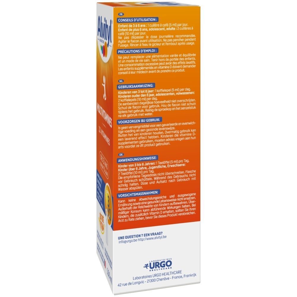 Alvityl Multivitamine Trinklösung: Vorderseite einer Packung mit 11 Vitaminen, 150 ml.