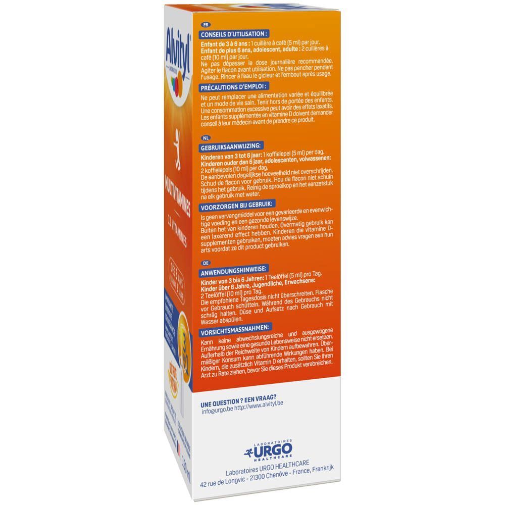 Alvityl Multivitamine, vue latérale de l'emballage. Texte avec instructions et précautions d'emploi.