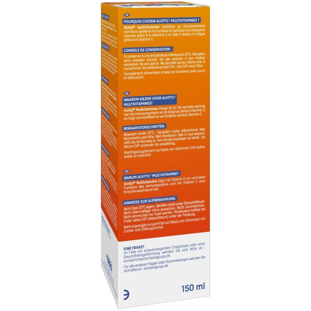 Alvityl Multivitamine Trinklösung: Rückseite einer Packung mit Anwendungshinweisen.