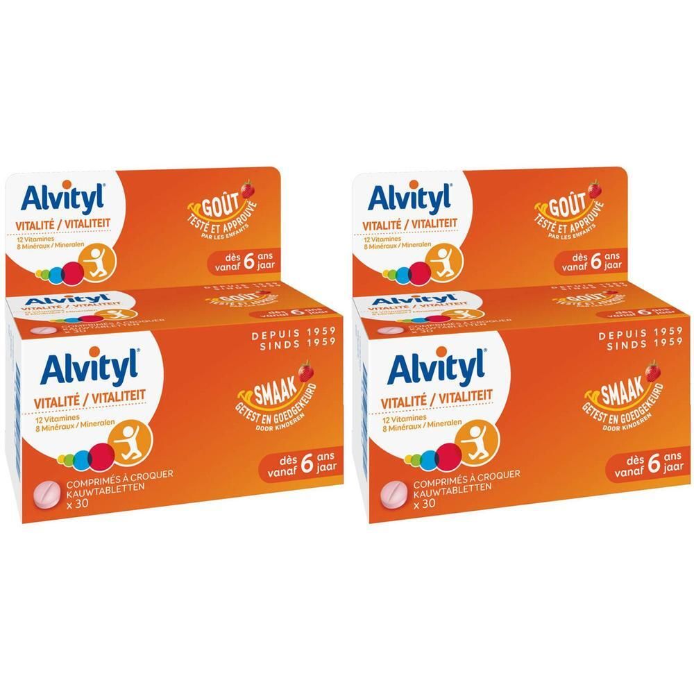 Deux boîtes oranges Alvityl Vitalité. Inscription: Vitalité/Vitaliteit, 12 vitamines et minéraux. Pour enfants dès 6 ans.