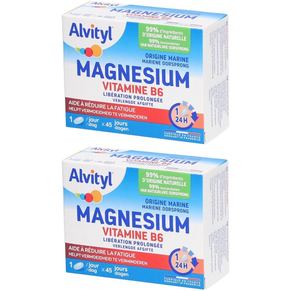 Deux boîtes de Alvityl Magnésium Vitamine B6. Emballage blanc avec texte bleu et jaune. Contient 45 comprimés. Origine marine.