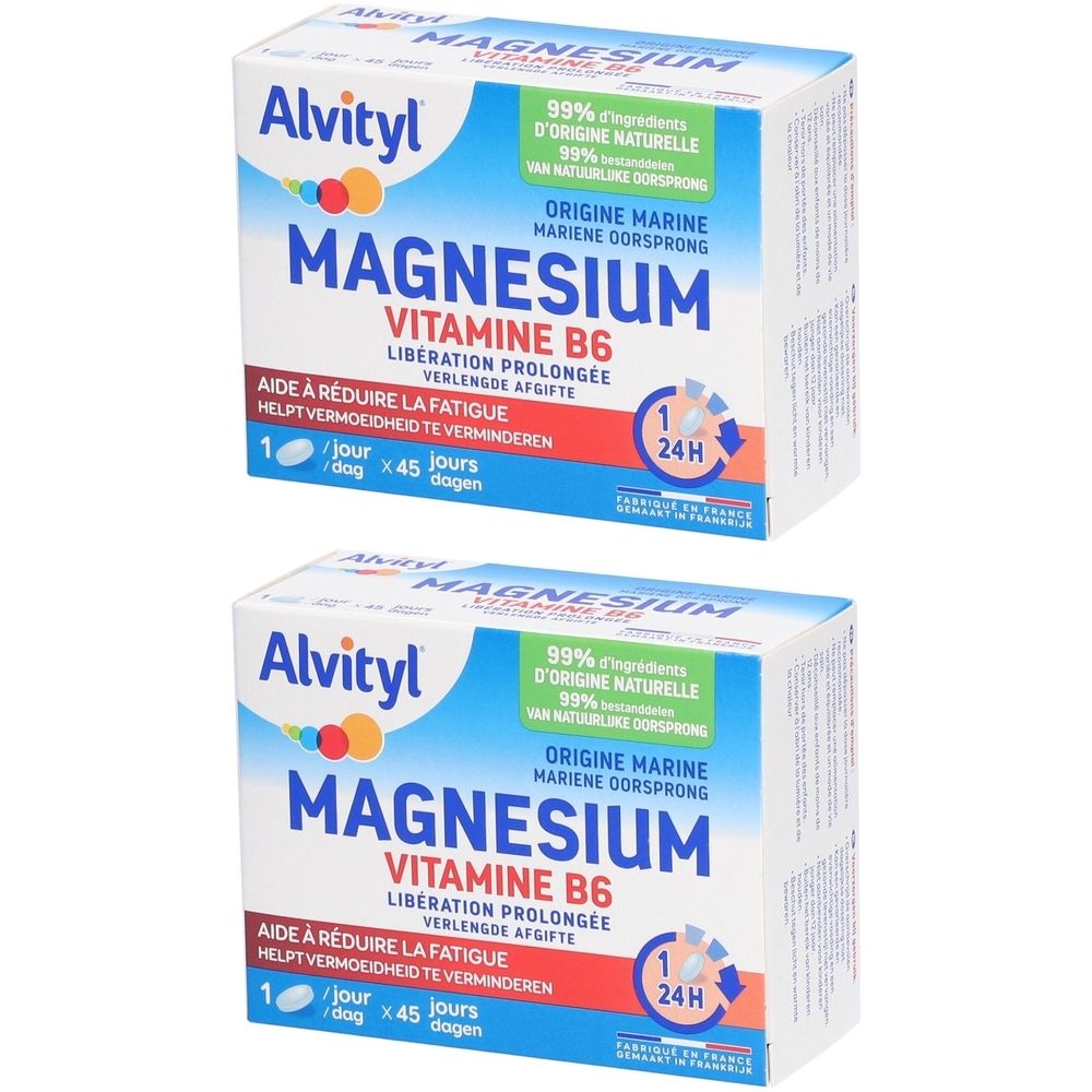 Deux boîtes de Alvityl Magnésium Vitamine B6. Emballage blanc avec texte bleu et jaune. Contient 45 comprimés. Origine marine.