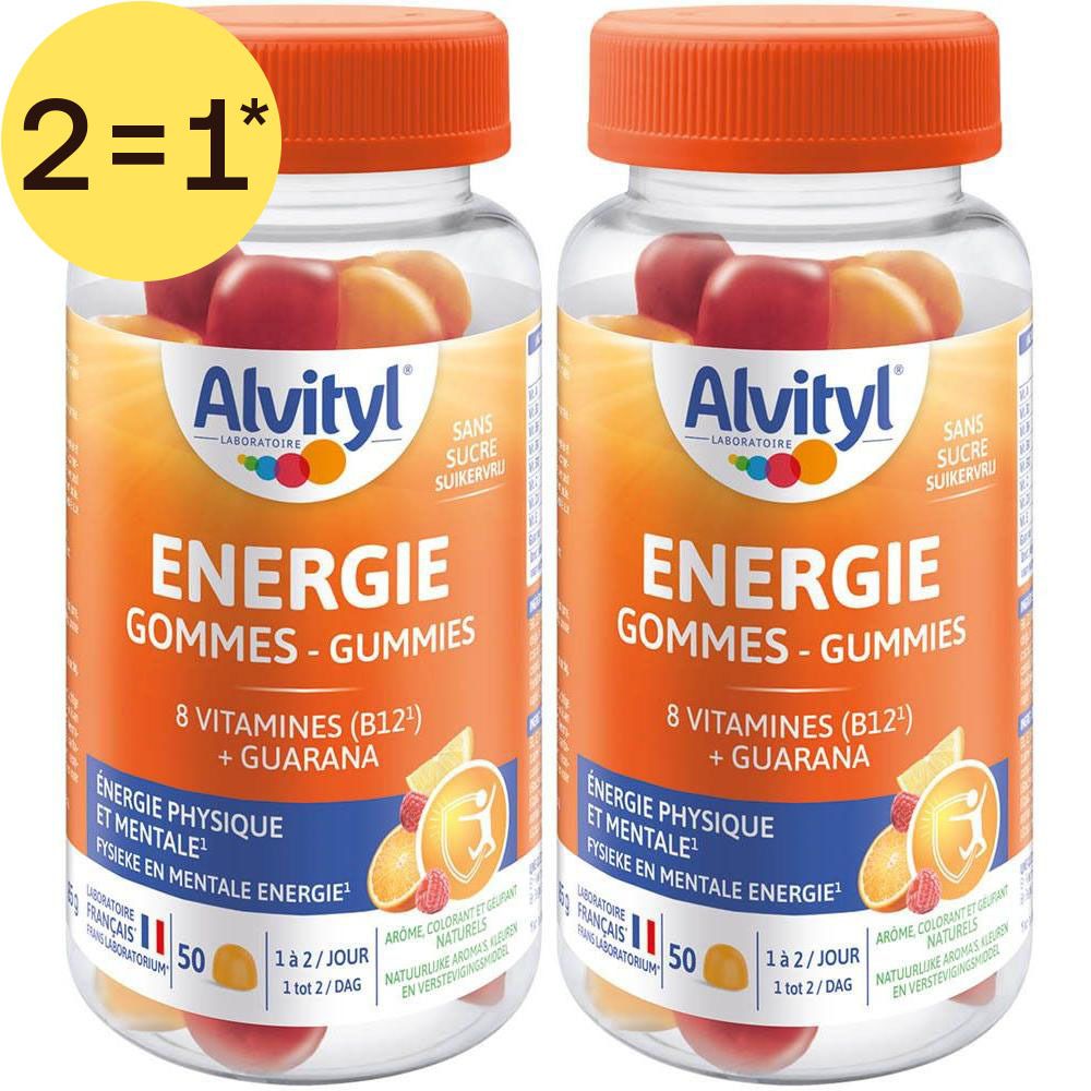 Deux flacons ALVITYL Energie Gommes. Bouchons orange, contenants transparents. Inscription: Energie Gommes, 8 Vitamines (B12) + Guarana.
