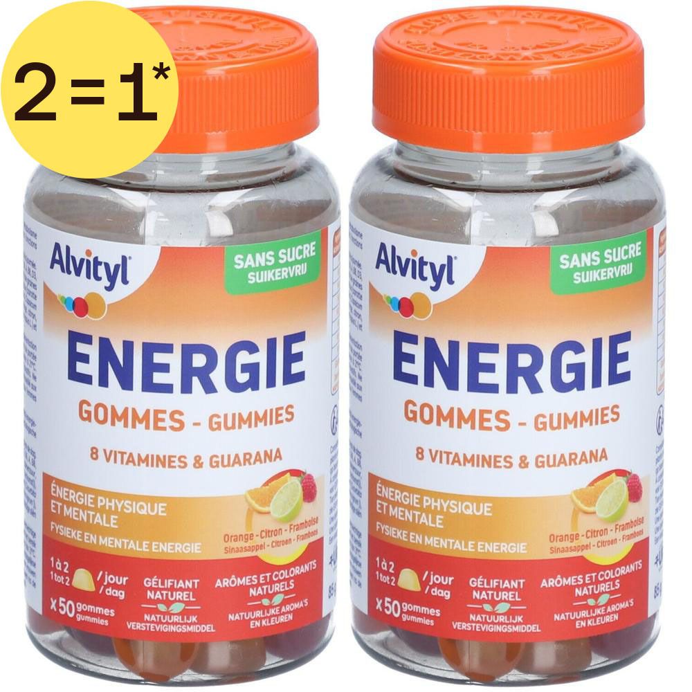 Deux flacons ALVITYL Energie Gommes. Bouchons orange, contenants transparents. Inscription: Energie Gommes, 8 Vitamines & Guarana.