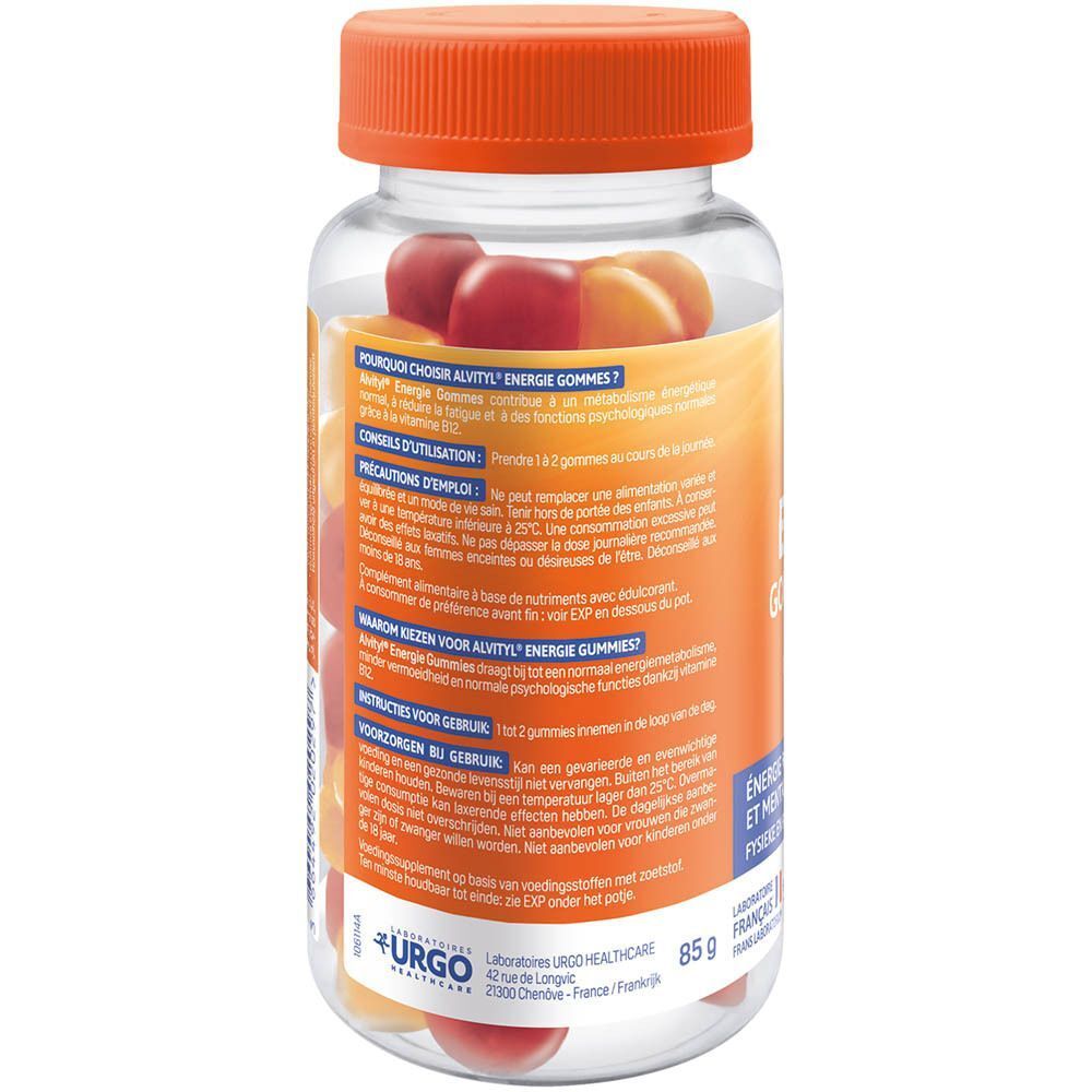 Dos d'un flacon ALVITYL Energie Gommes. Bouchon orange, flacon transparent. Texte sur l'utilisation et les ingrédients.