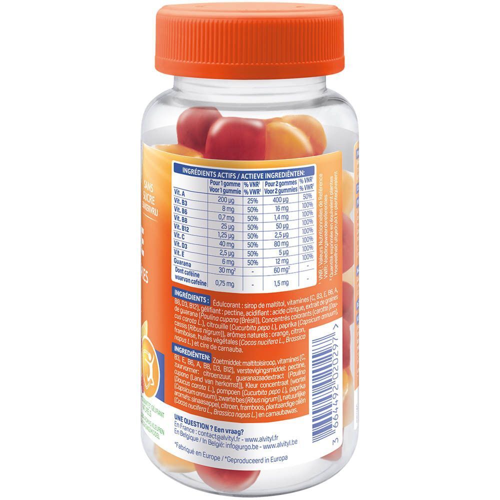 Dos d'un flacon ALVITYL Energie Gommes. Bouchon orange, flacon transparent. Liste des ingrédients et valeurs nutritionnelles.