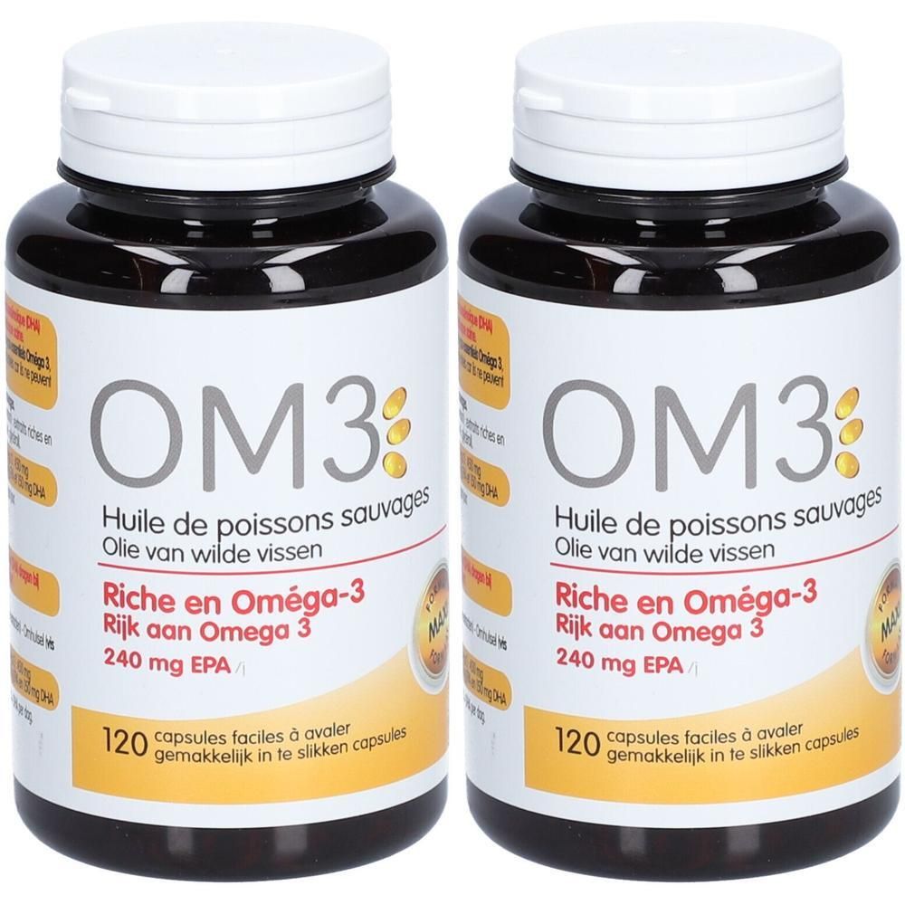 Zwei Flaschen OM3 Fischöl Kapseln, je 120 Stück. Reich an Omega-3, 240 mg EPA.