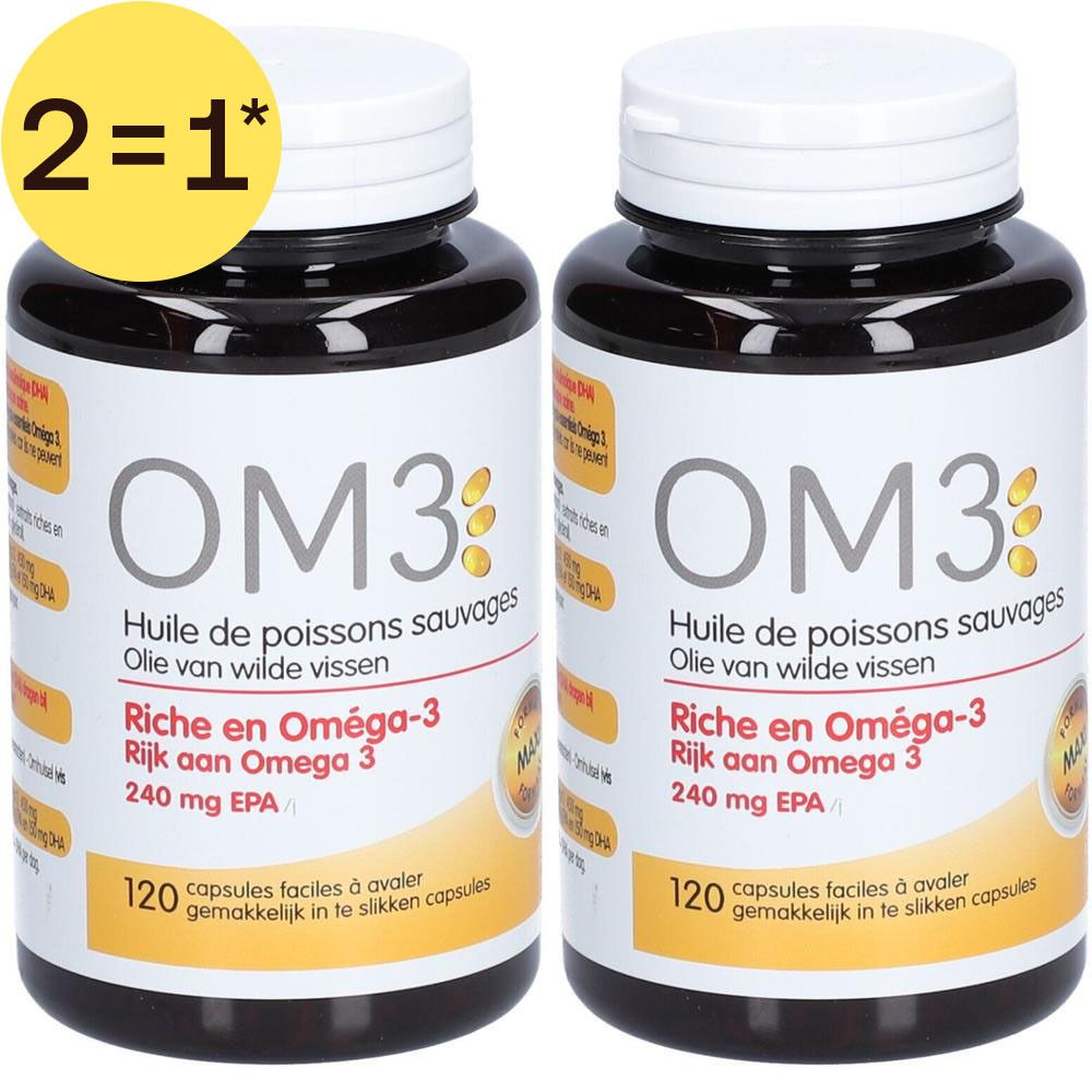 Deux flacons de capsules d'huile de poisson OM3, 120 capsules chacune. Riche en Oméga-3, 240 mg EPA.