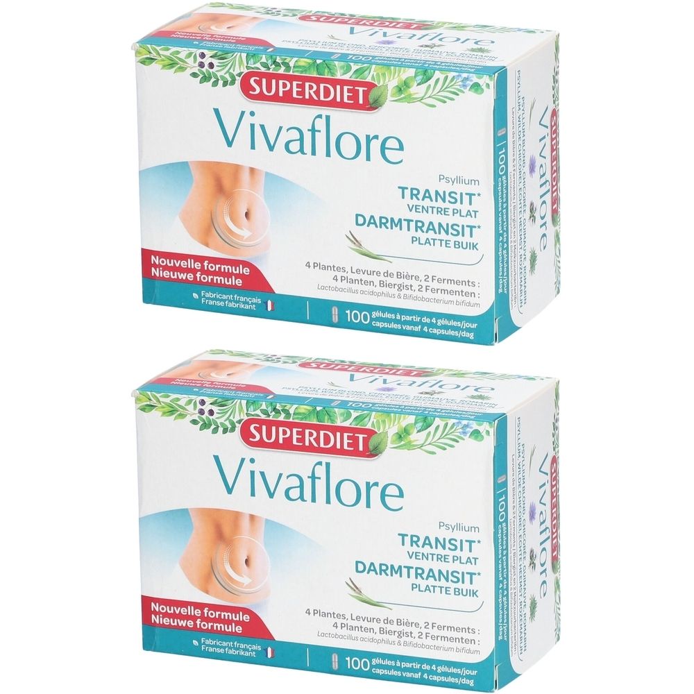 Zwei Schachteln mit Produktaufdruck. Aufschrift: Superdiet Vivaflore, Transit, 100 Kapseln. Abbildung eines Bauches.