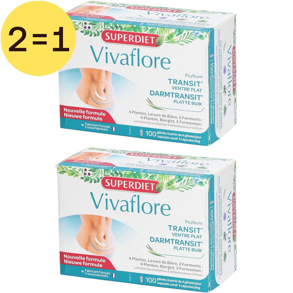 Deux boîtes de Vivaflore Transit. Inscription: Superdiet, Vivaflore, Transit, Ventre plat, 100 capsules. Étiquette jaune: 2=1.