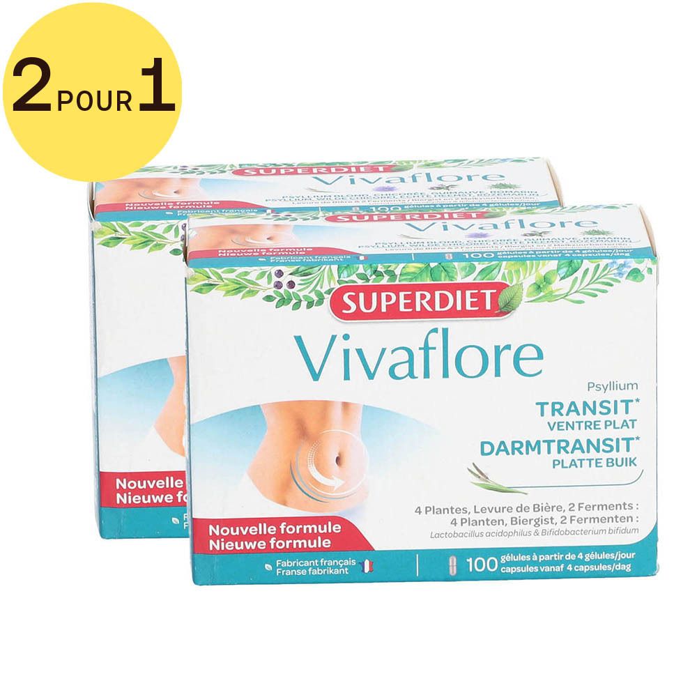 Deux boîtes de Vivaflore Transit. Inscription: Superdiet, Vivaflore, Transit, Ventre plat, 100 capsules. Étiquette jaune: 2 pour 1.