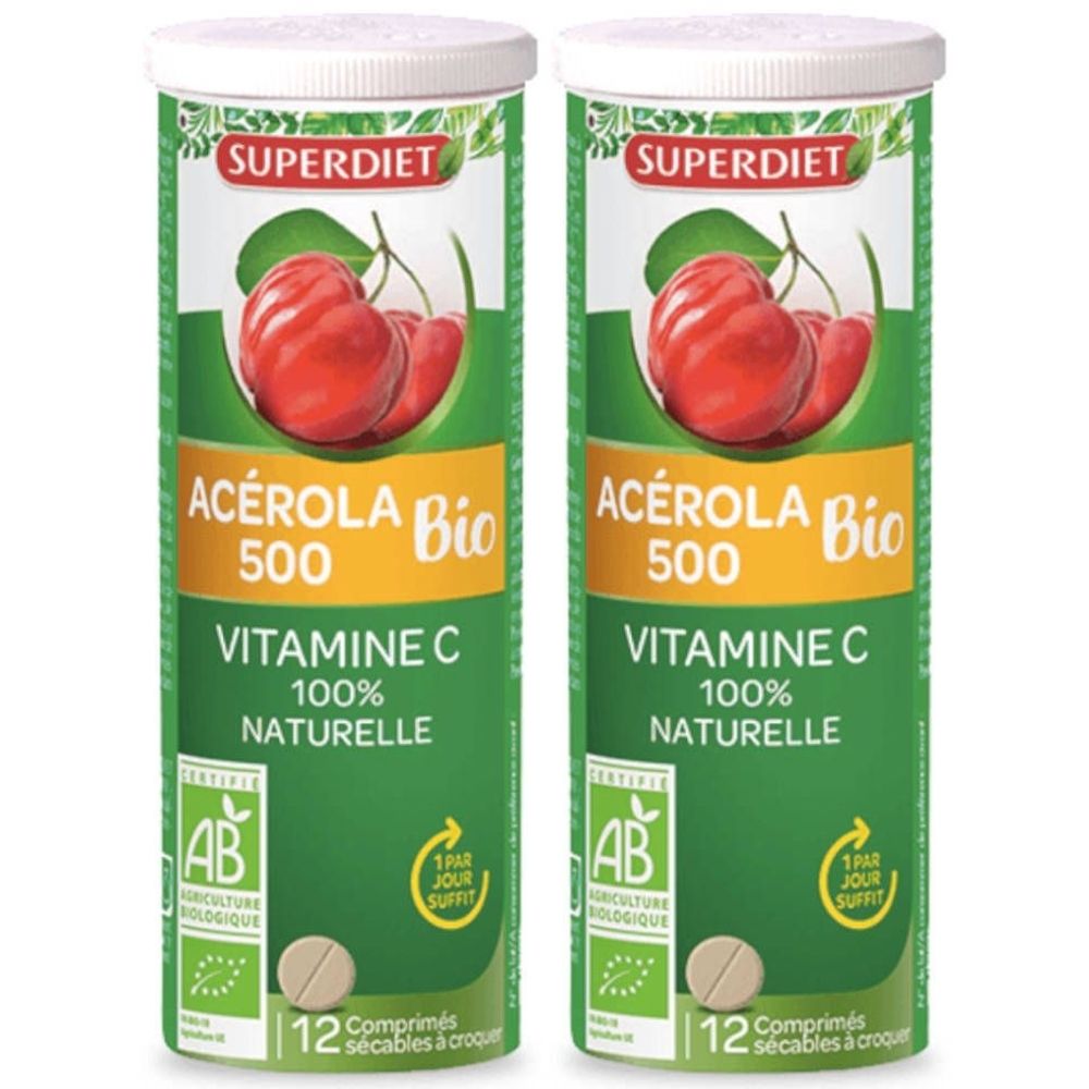 Zwei Tuben SUPER DIET Acerola 500 Bio. Grüne Etiketten mit Kirschabbildung, Text: Acerola Bio, Vitamin C, AB-Siegel. 12 Tabletten.