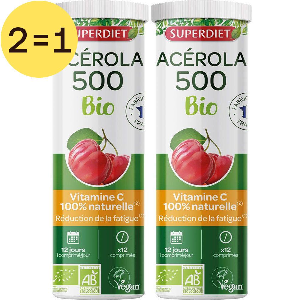 Deux tubes verts Superdiet Acérola 500 Bio. Inscription: Vitamine C, 100% naturelle. Label AB Bio. 12 comprimés. Logo Vegan.