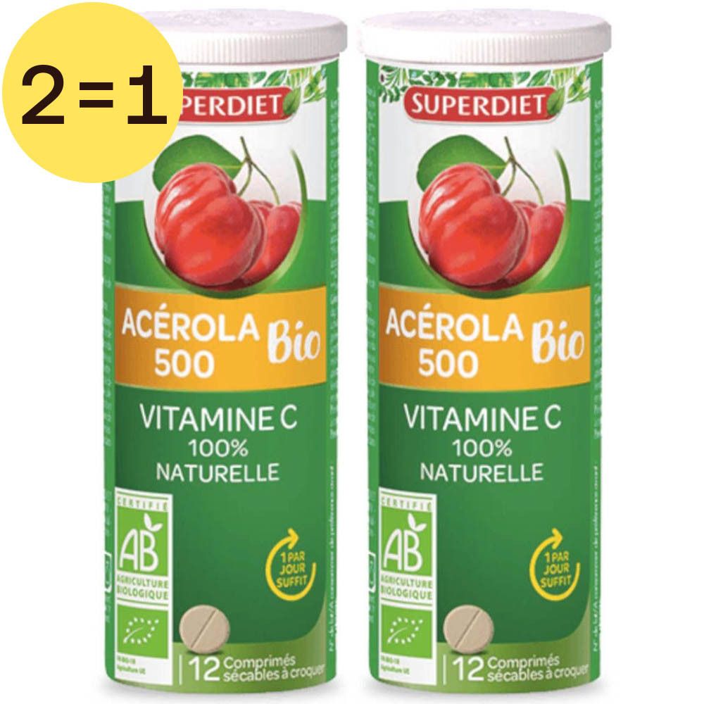 Deux tubes verts Superdiet Acérola 500 Bio. Inscription: Vitamine C, 100% naturelle. Label AB Bio. 12 comprimés.