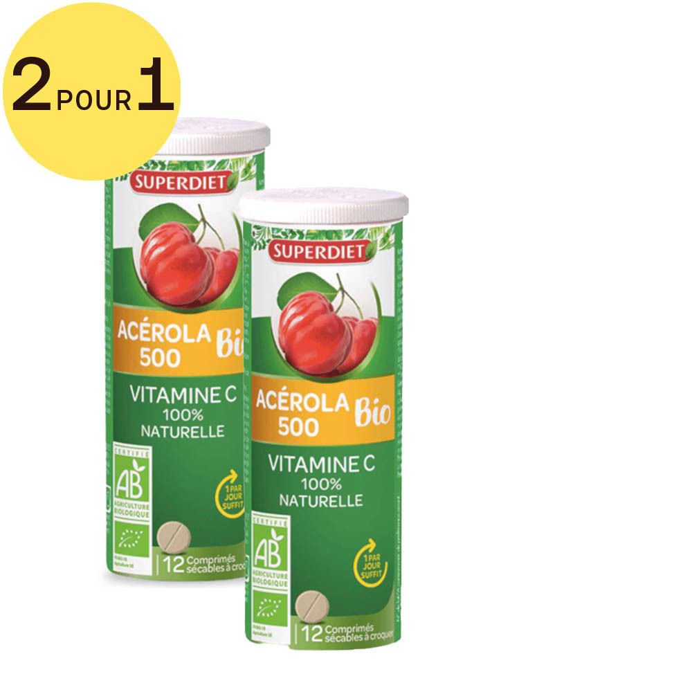 Deux tubes verts Superdiet Acérola 500 Bio. Inscription: Vitamine C, 100% naturelle. Label AB Bio. 12 comprimés. Logo Vegan.