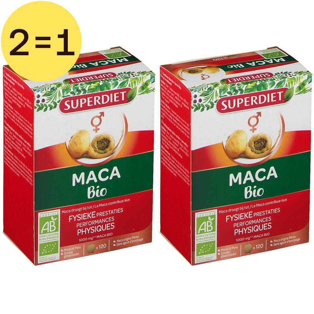 Deux boîtes Superdiet Maca Bio. Inscription: Maca Bio, Fysieke prestaties, 2=1. Label bio.