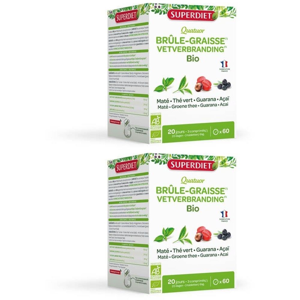 Deux boîtes 'Superdiet Brûle-graisse'. Emballage avec logo, texte et illustrations.