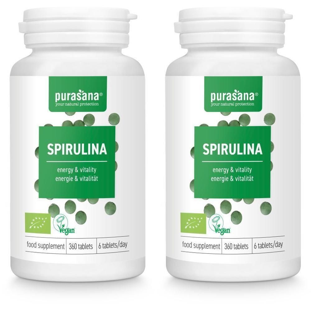 Zwei Flaschen Purasana Spirulina Bio Tabletten. Enthält 360 Tabletten pro Flasche.