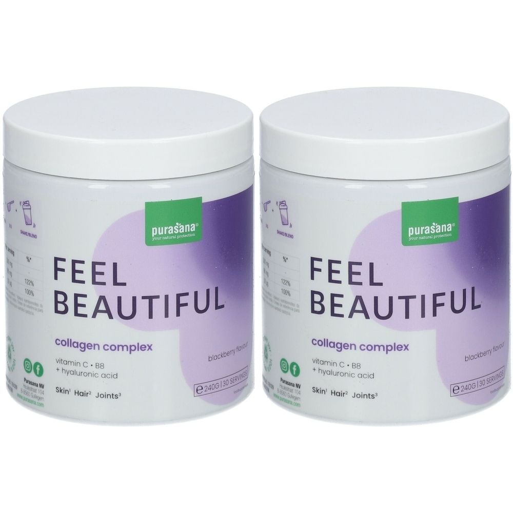 Zwei weiße Dosen mit Deckel. Aufschrift: FEEL BEAUTIFUL, collagen complex. Marke: purasana. Grün-lila Design.