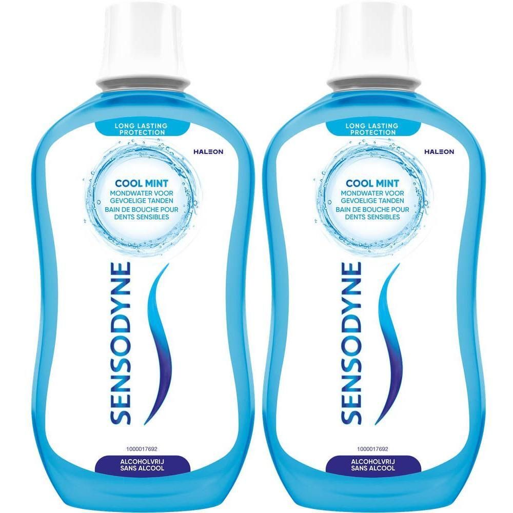Zwei Flaschen Sensodyne Mundwasser, Cool Mint, mit Langzeitschutz für empfindliche Zähne.
