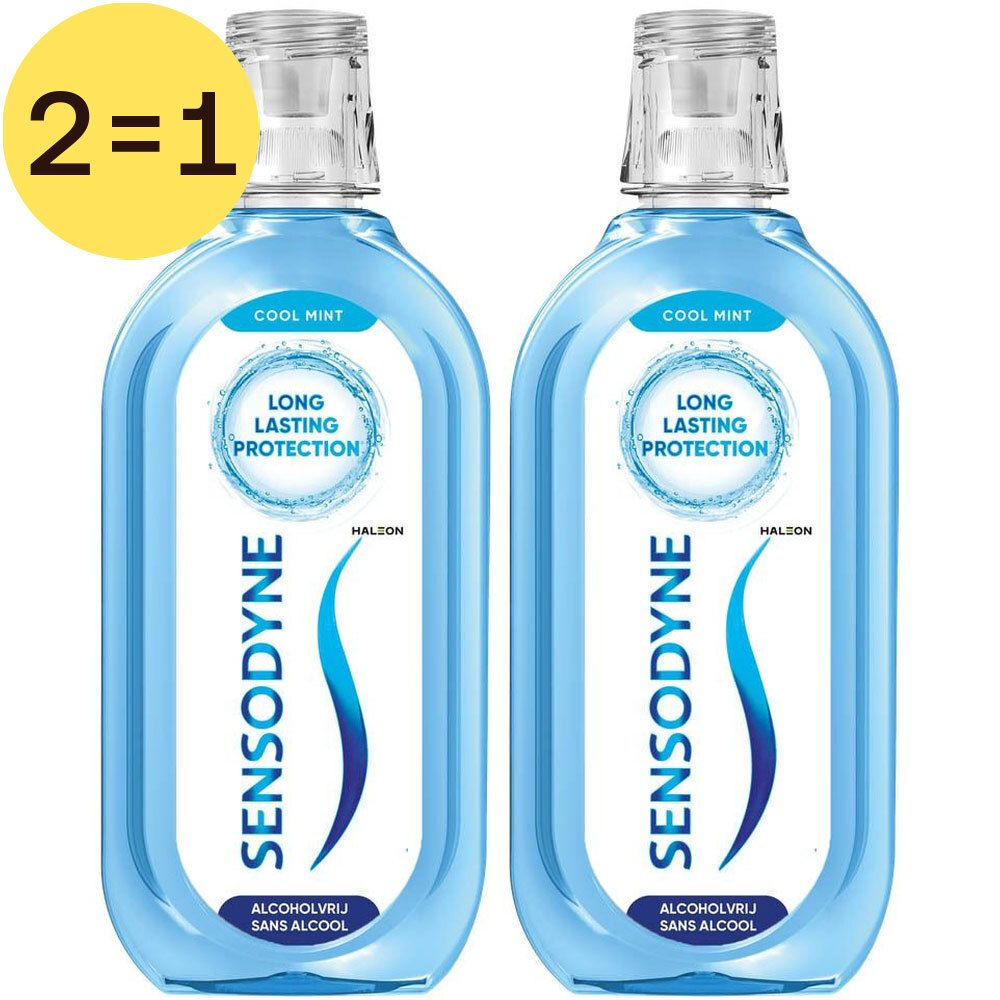 Zwei Flaschen Mundspülung. Hellblaue Flüssigkeit, transparente Flaschenhälse. Aufschrift: Sensodyne, Cool Mint, Long Lasting Protection.