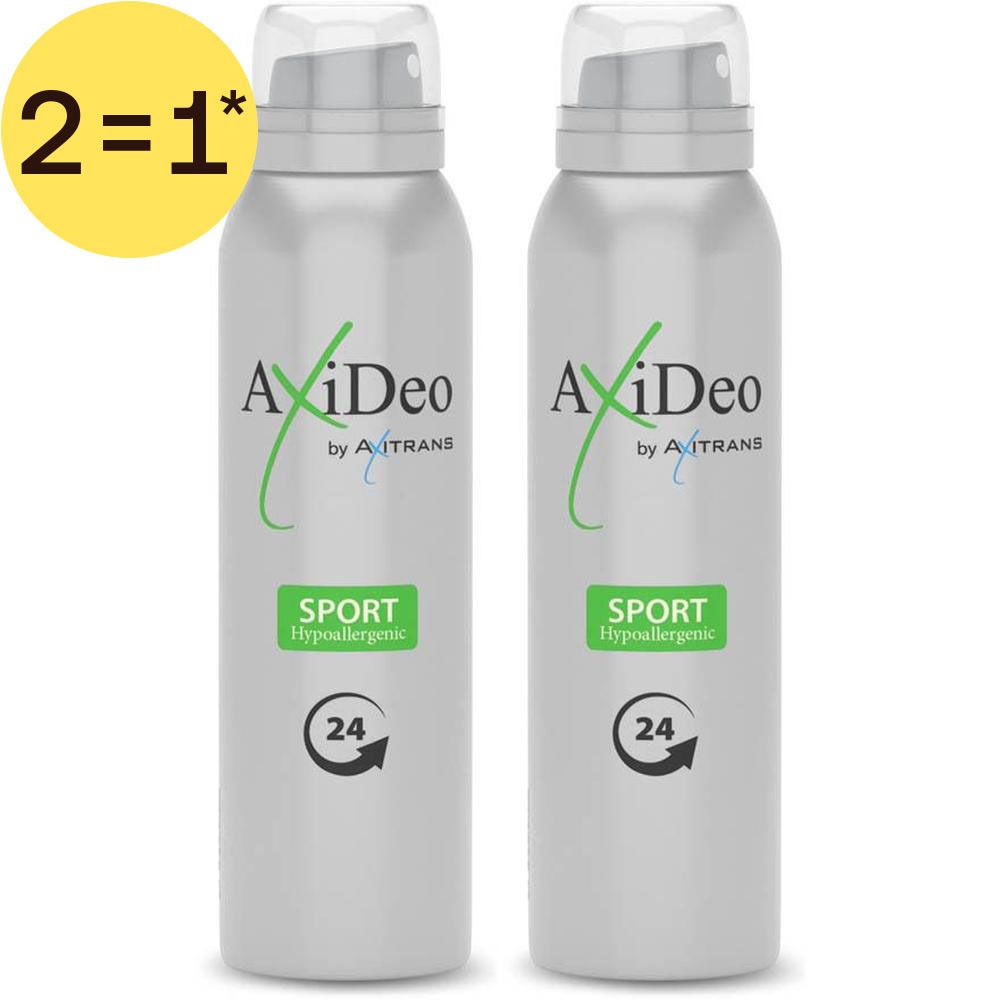 Deux sprays déodorants argentés avec étiquette verte. Inscription: AxiDeo by Axitrans Sport, 24h. Symbole rond jaune "1+1".
