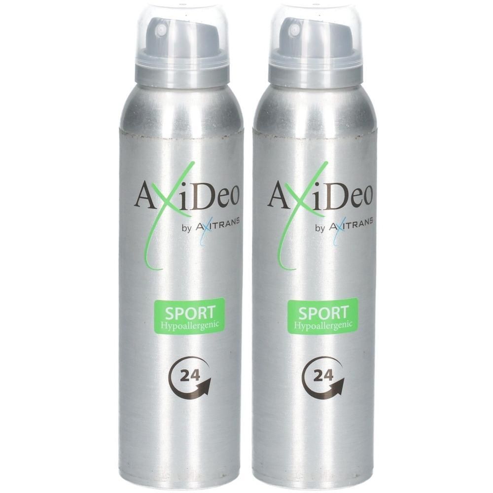 Zwei silberne Aerosoldosen mit "AxiDeo Sport Hypoallergenic 24h" Aufschrift. Klare Sprühköpfe.