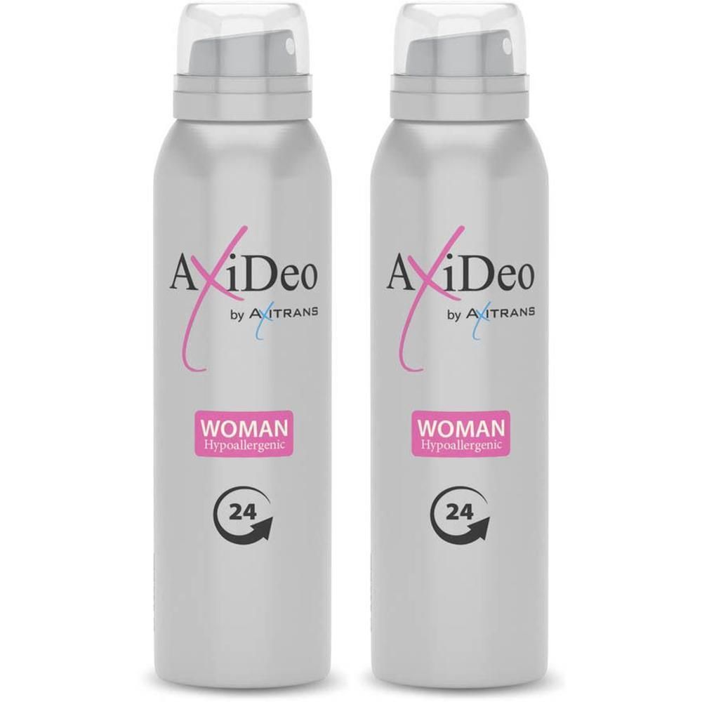 Deux aérosols argentés avec bouchons transparents. Inscription: AxiDeo by Axitrans Woman, 24h, Hypoallergénique. Étiquette jaune 1+1.