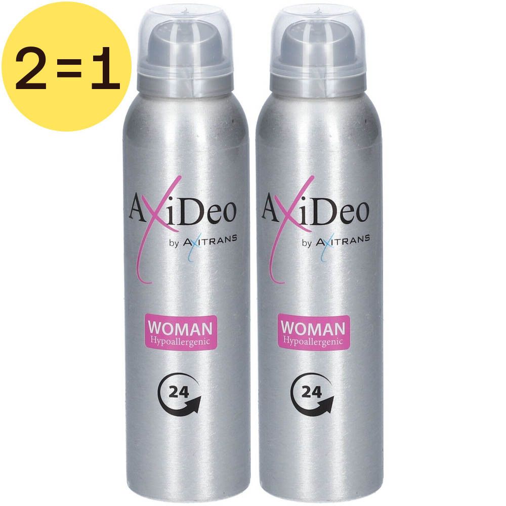 Zwei silberne Sprühdosen mit transparenten Kappen. Aufschrift: AxiDeo by Axitrans Woman, 24h, Hypoallergen. Gelbes 2=1-Label.