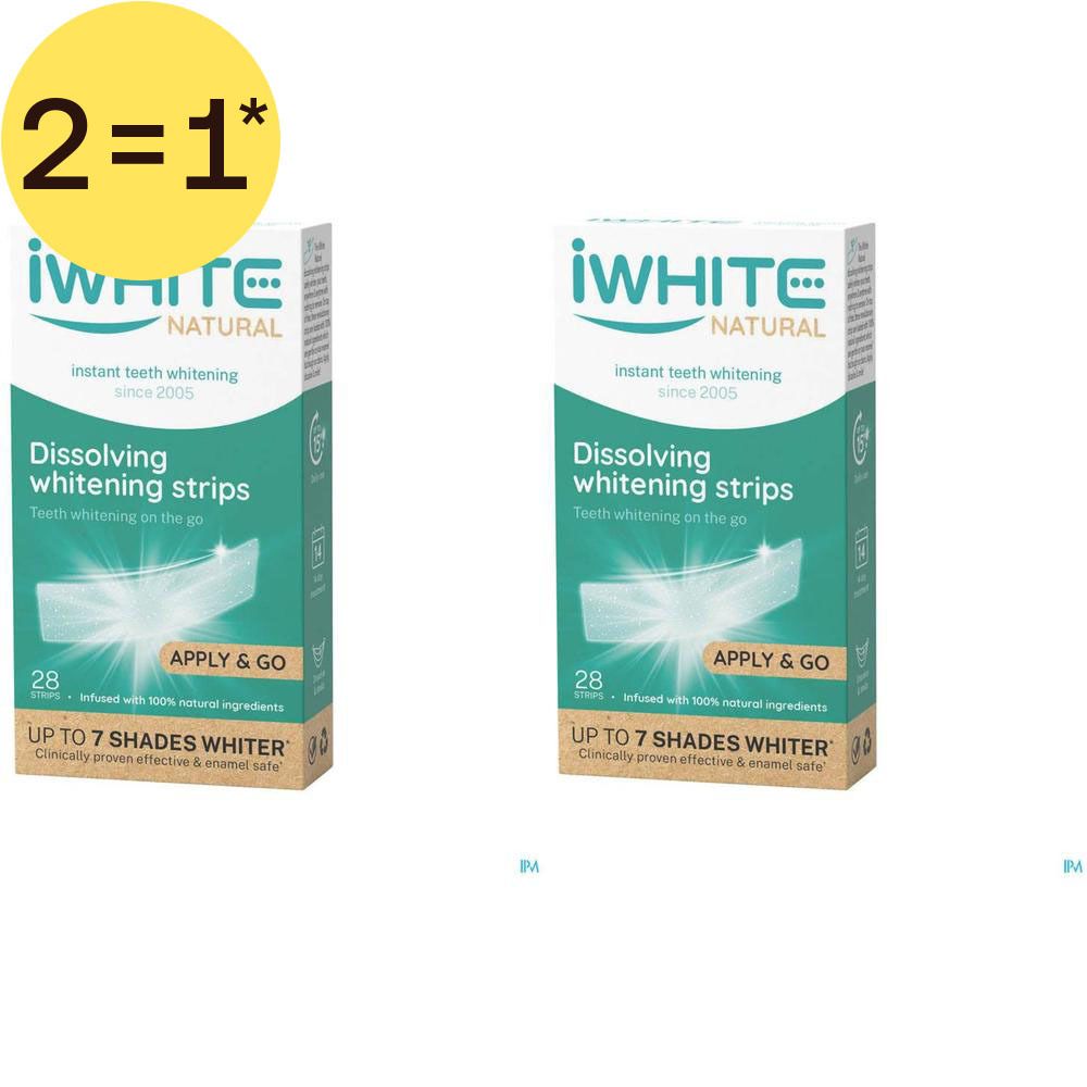 Deux paquets de bandes blanchissantes iWhite Natural. Inscription : 1+1 GRATUIT. Sur chaque boîte : 28 bandes.