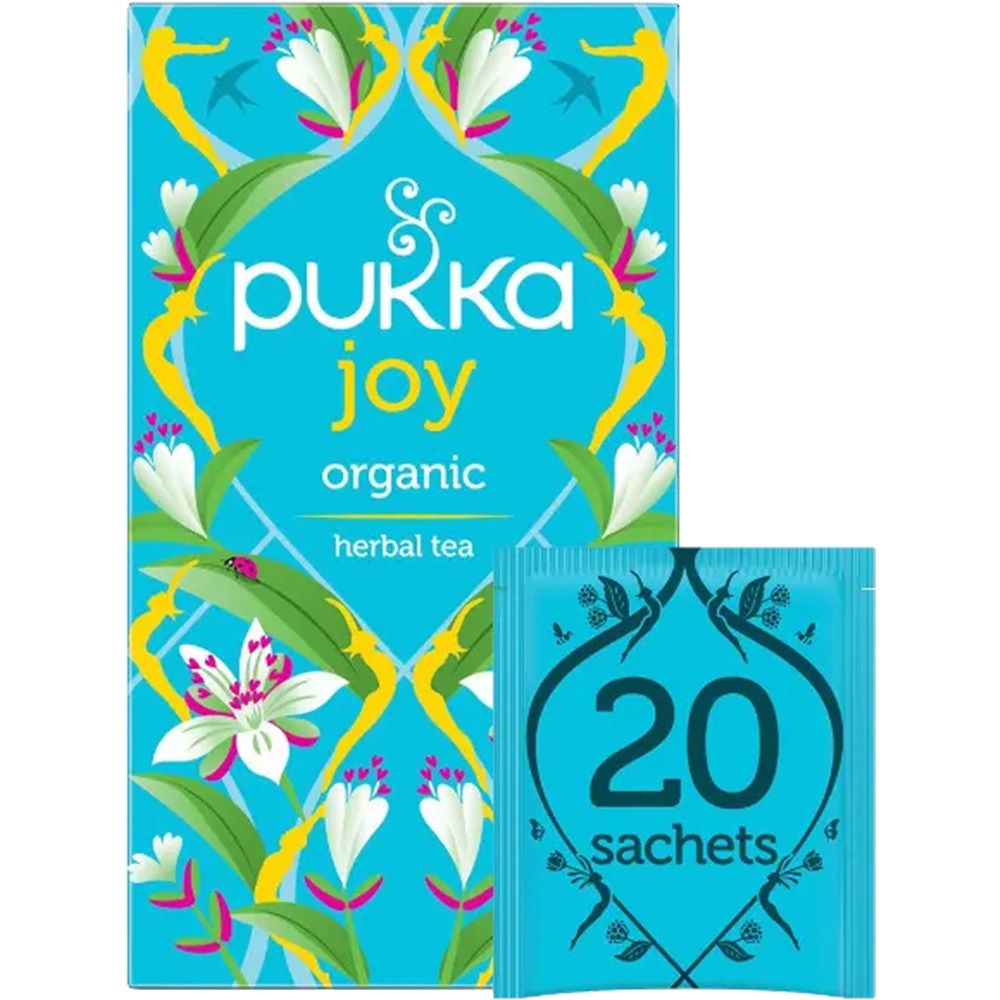 Boîte et sachet de thé. Inscription : Pukka Joy, organic herbal tea. 20 sachets.