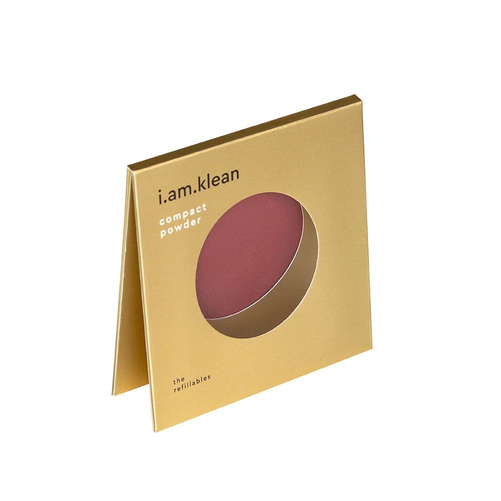 Goldfarbene Verpackung, geöffnet. Sichtbar: runder, weinroter Blush. Marke: i.am.klean. Text: "compact powder".
