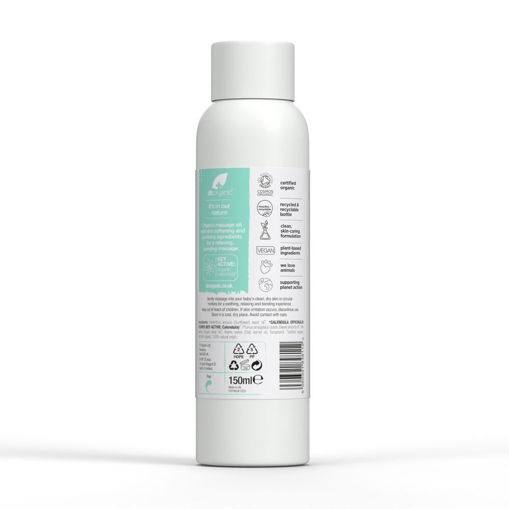 Rückseite der weißen Flasche. Etikett mit Informationen. Zertifiziert organisch. Recycelbare Flasche.