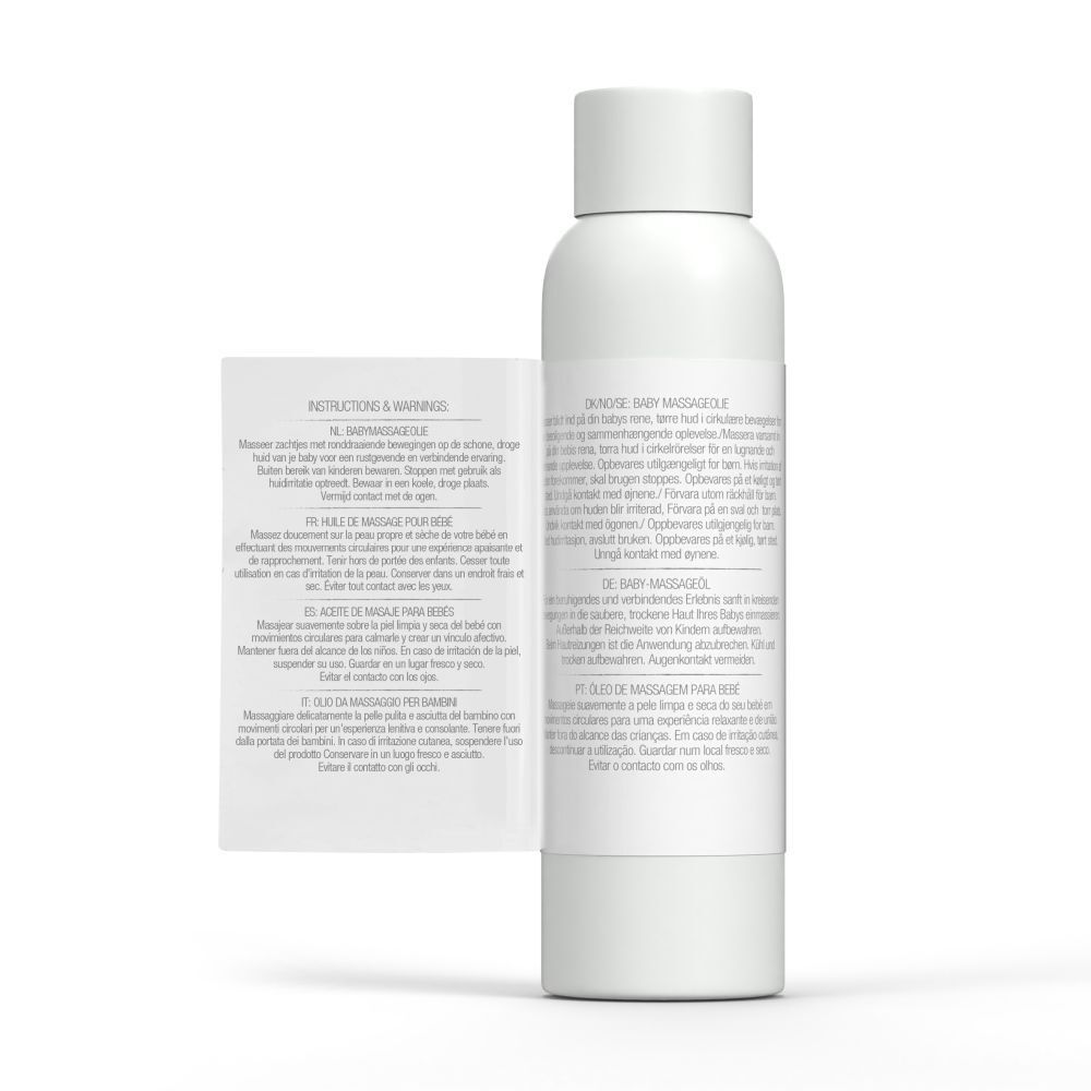 Weiße Flasche mit Etikett. Aufklappbares Etikett mit Anweisungen und Warnungen in mehreren Sprachen.