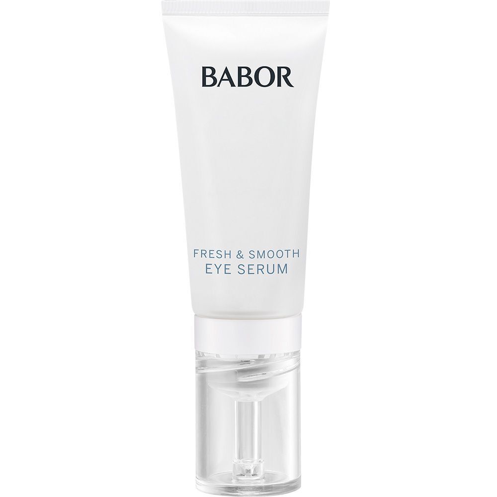 Tube blanche avec logo BABOR et inscription « Fresh & Smooth Eye Serum ». Applicateur transparent.