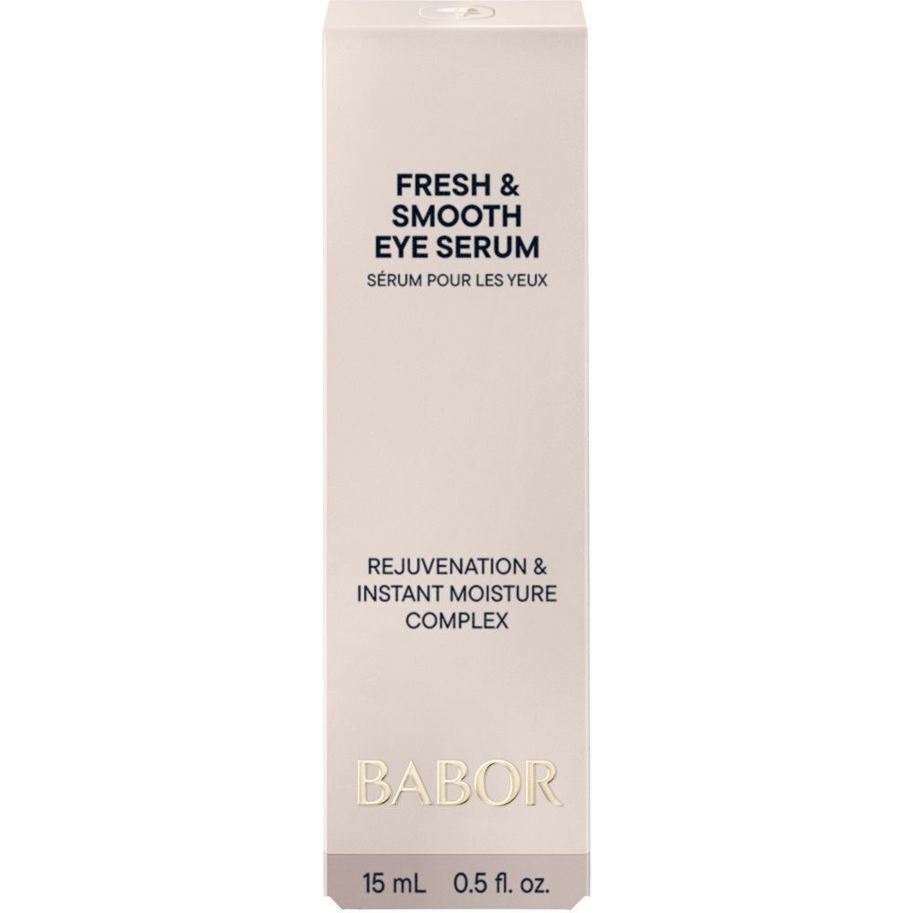Rückseite der BABOR Fresh & Smooth Eye Serum Tube mit Produktinformationen und "Made in Germany".