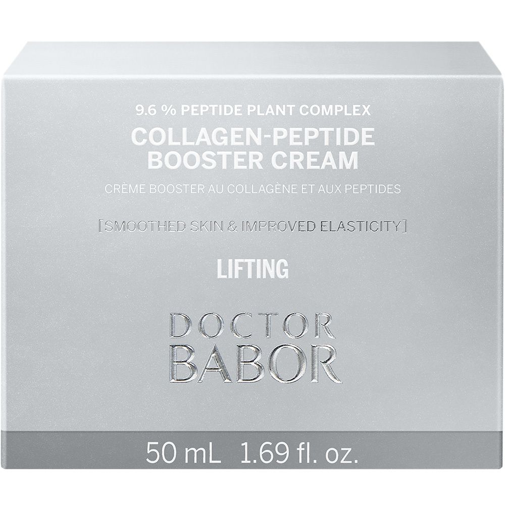 Boîte argentée. Inscription : Collagen-Peptide Booster Cream, Doctor BABOR, 50 ml.