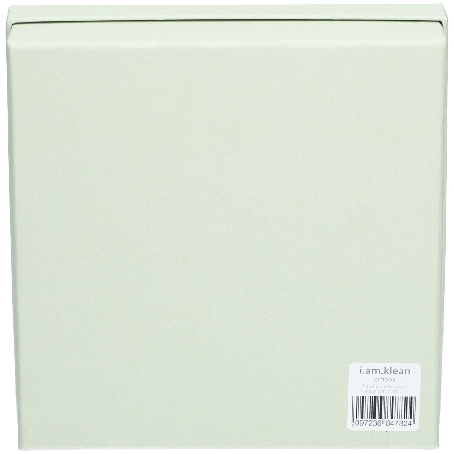 Hellgrüne Geschenkbox. Auf der Rückseite ein Etikett mit Barcode und der Aufschrift: i.am.klean.