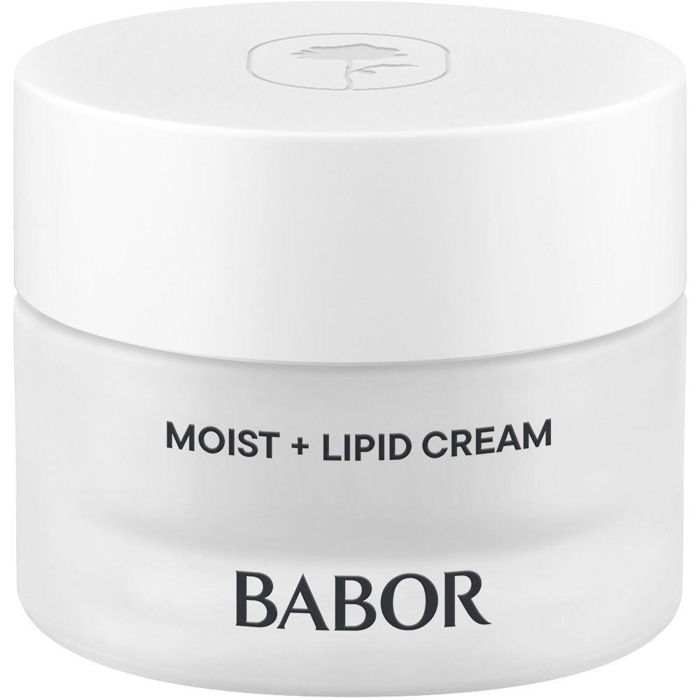 Pot de crème avec couvercle blanc. Inscription BABOR MOIST + LIPID CREAM.