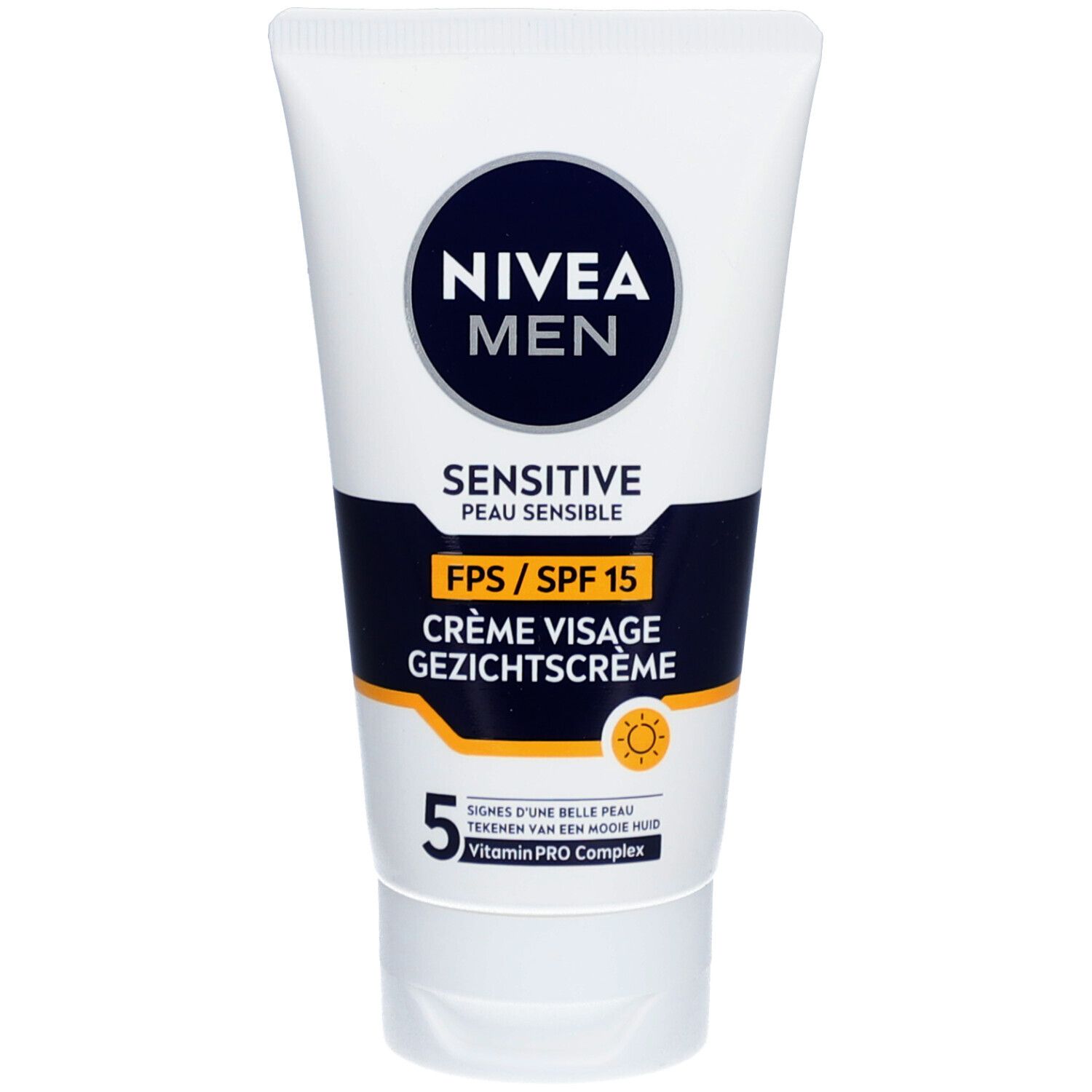 Weiße Tube mit blauer Aufschrift NIVEA MEN Sensitive. SPF 15, Gesichtscreme. Sonnensymbol. 5 Zeichen für schöne Haut.