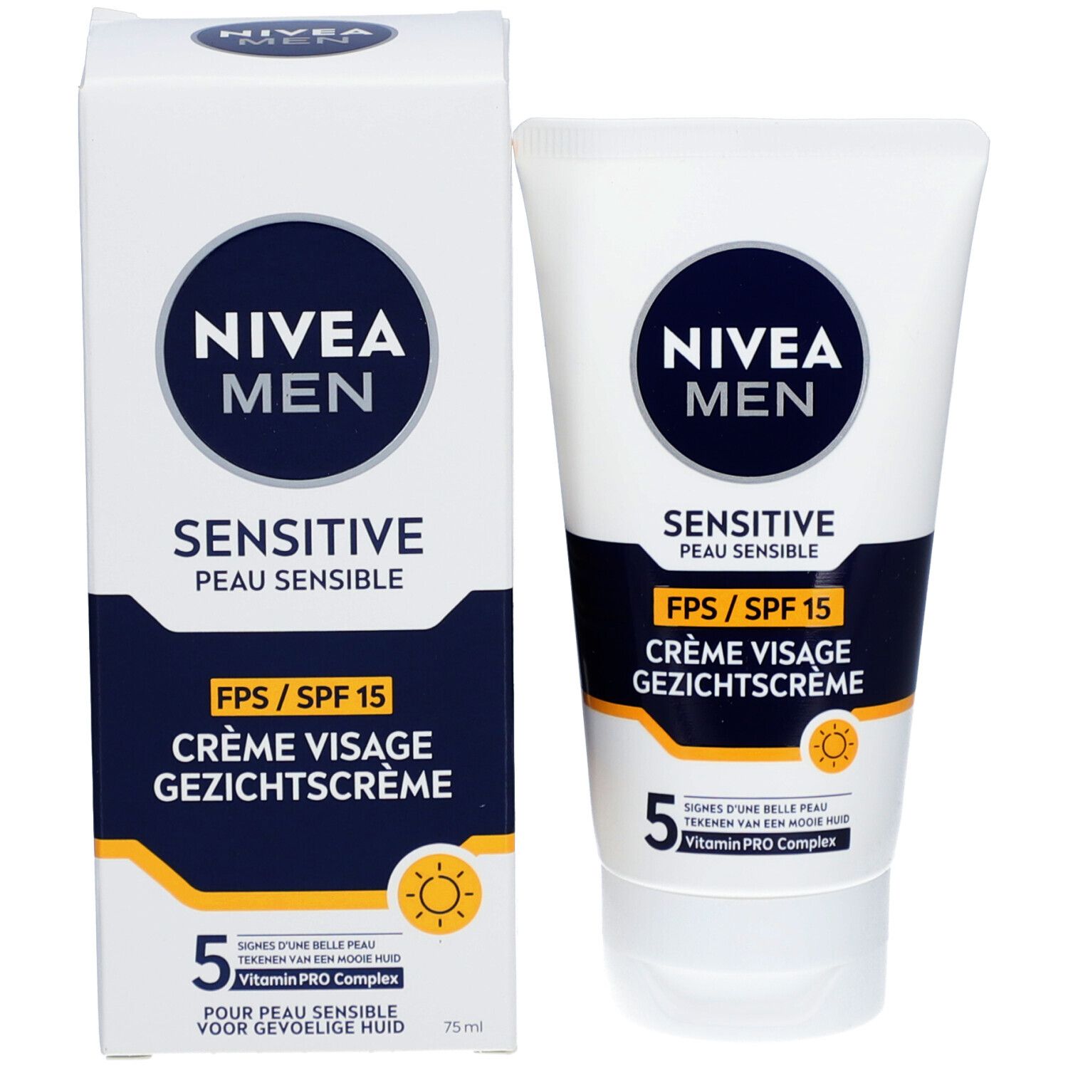 Weiße Schachtel und Tube. NIVEA MEN Sensitive. SPF 15, Gesichtscreme. Sonnensymbol. 5 Zeichen für schöne Haut. 75 ml.