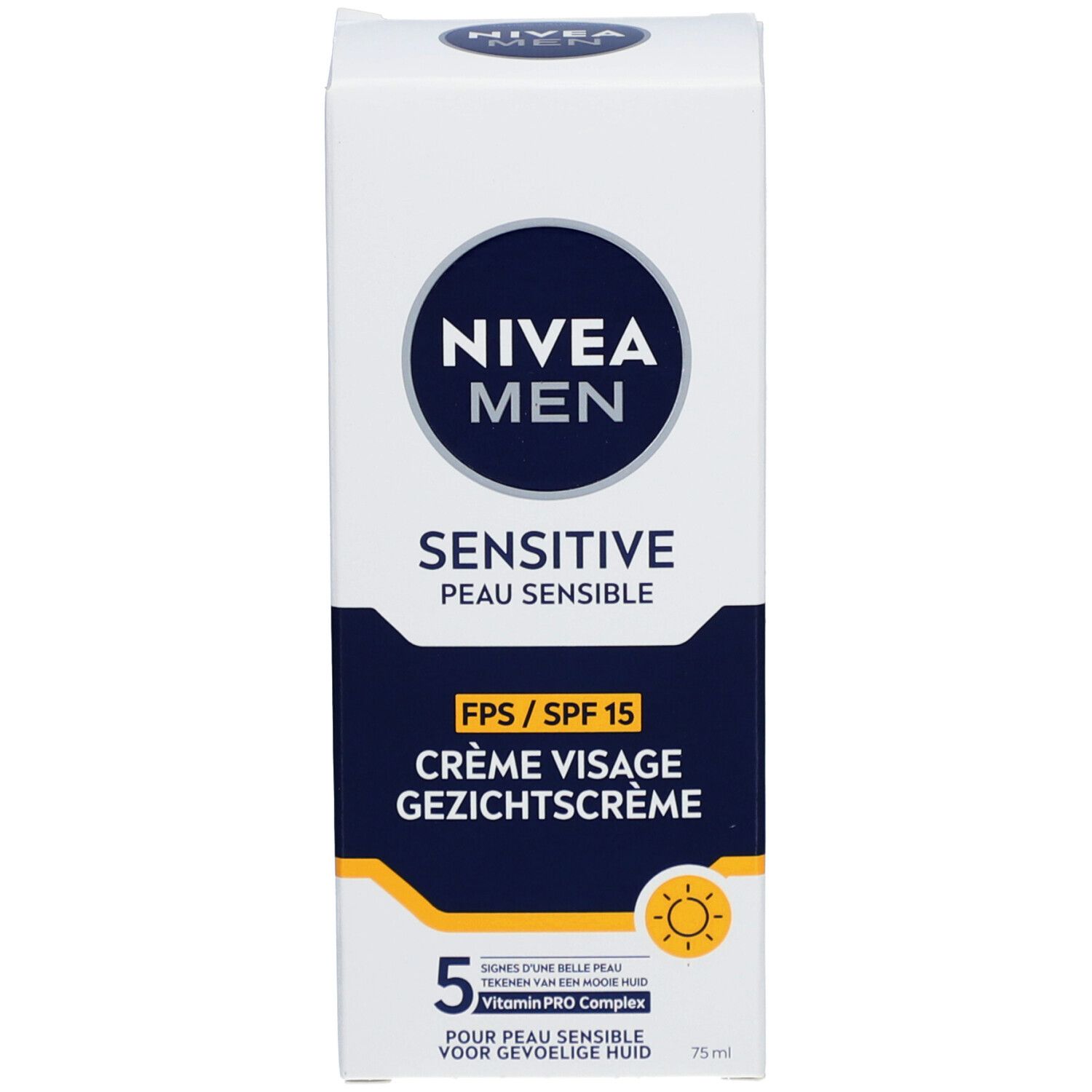 Weiße Schachtel. NIVEA MEN Sensitive. SPF 15, Gesichtscreme. Sonnensymbol. 5 Zeichen für schöne Haut. 75 ml.