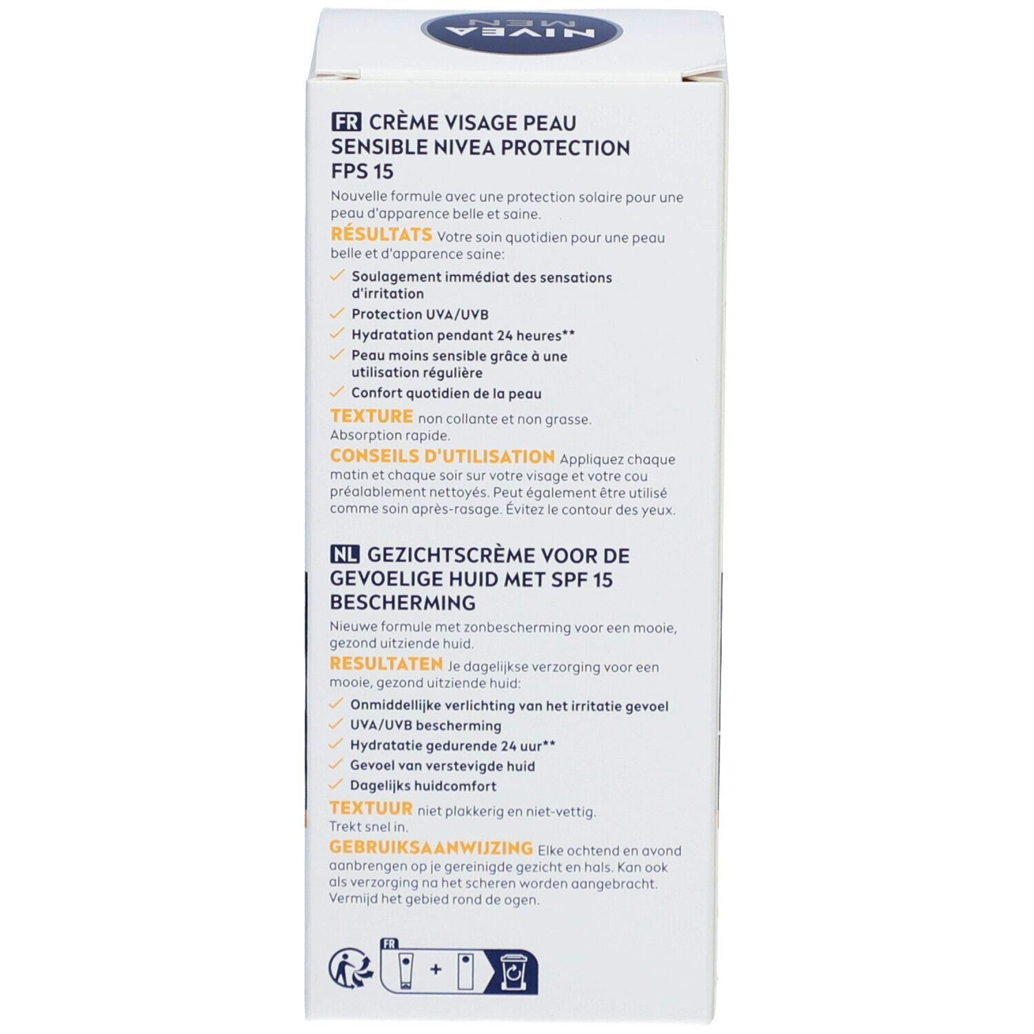 Rückseite der weißen Schachtel. Text in Französisch und Niederländisch. Informationen zur Anwendung und Inhaltsstoffe.