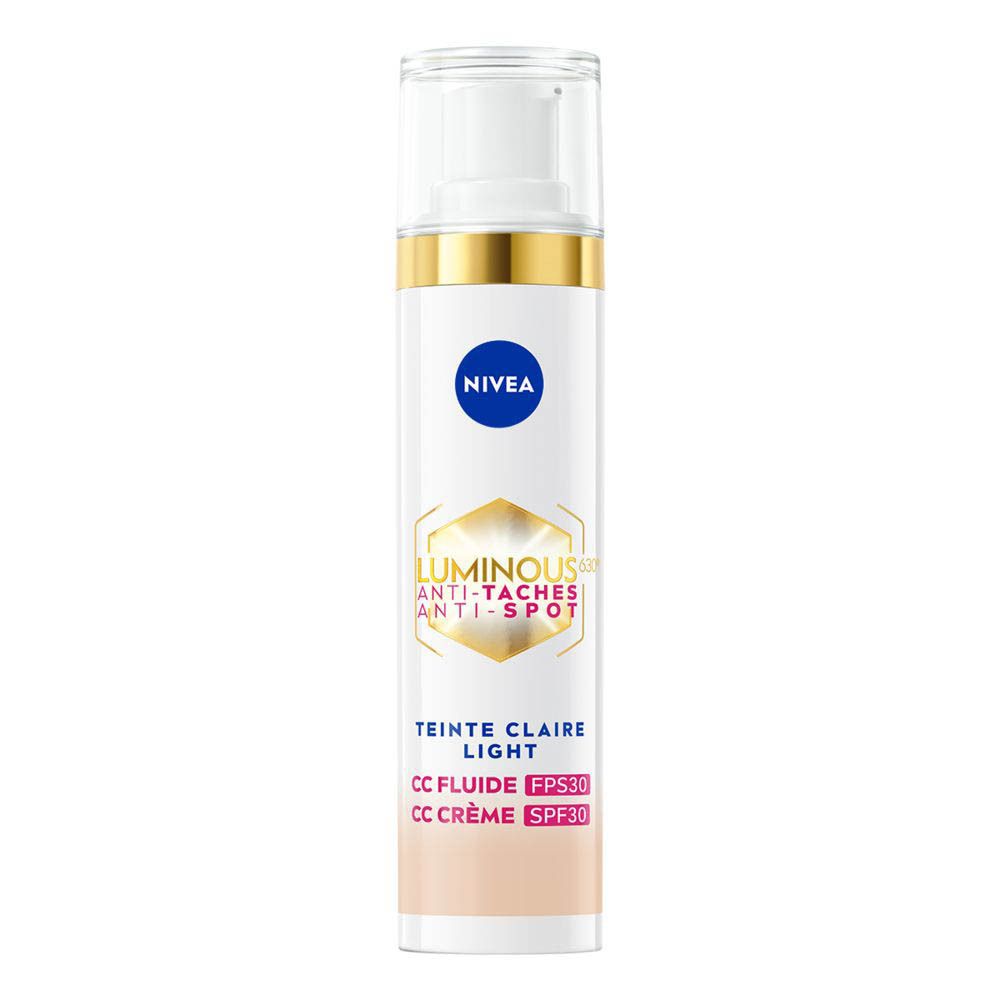 Nivea Cellular Luminous 630 CC Fluid Cream SPF30 Light. Weiße Flasche mit Pumpe, goldfarbenem Ring und transparentem Deckel.