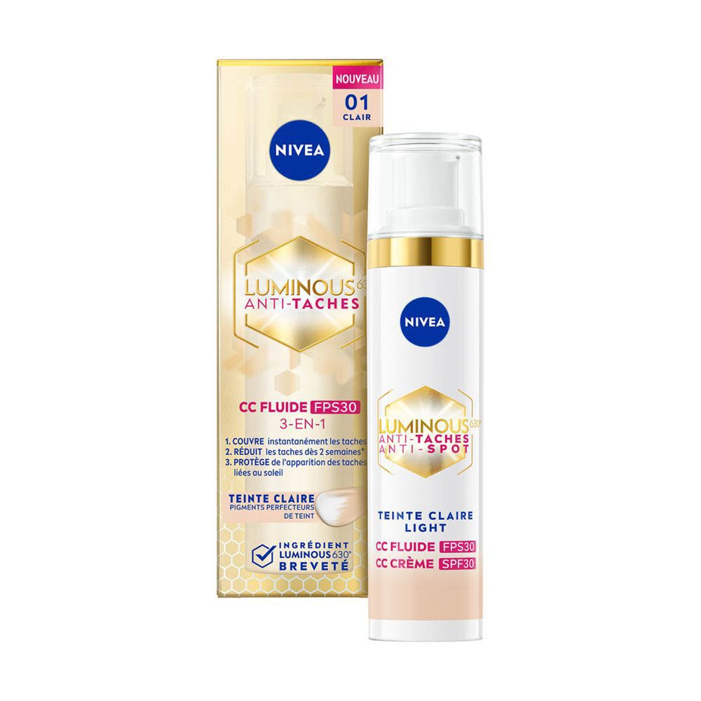 Nivea Cellular Luminous 630 CC Fluid Cream SPF30 Light und Verpackung. Flasche und Karton mit Produktinformationen.