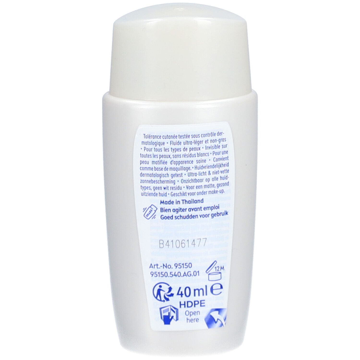 Dos du flacon blanc. Texte : Tolérance testée dermatologiquement. 40ml. Fabriqué en Thaïlande.
