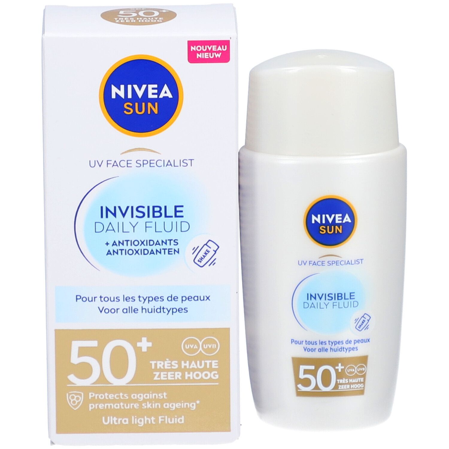 Flacon blanc et emballage. Inscription : NIVEA SUN, Invisible Daily Fluid, SPF 50+. Avec emballage.